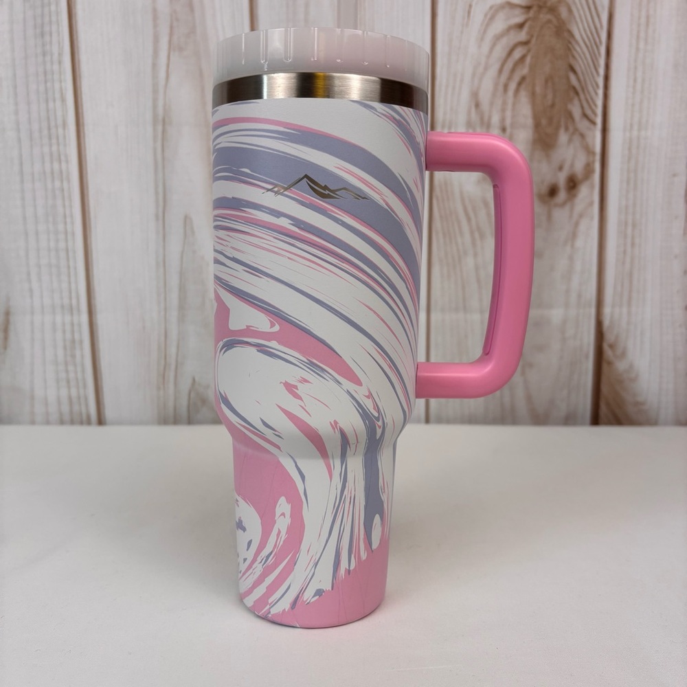 Adventuridge Travel Mug with Handle Twist Lid Straw Pink White Swirl Size 40 Oz